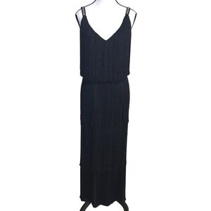 VTG Lilli Diamond Tiered Fringe Maxi Dress S - M Black Rhinestone Strap Glam 60s